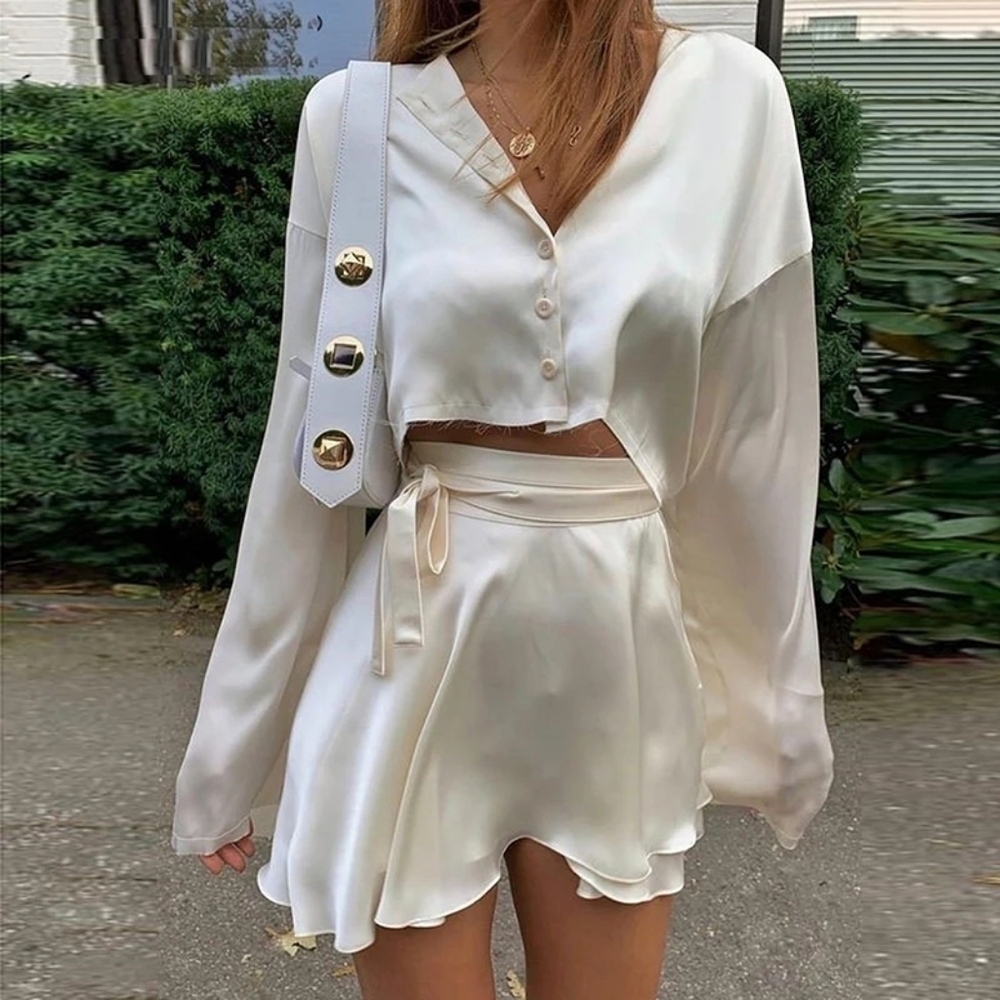 Elegant Satin 2 Two Piece Set Women Lantern Long Sleeve Crop Tops Cardigan Sexy - Picture 1 of 5